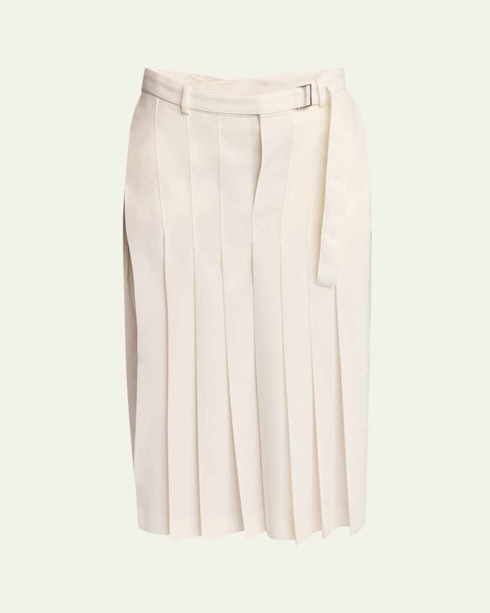 Pleated Belted Wool Midi Skirt